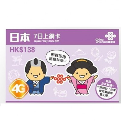 中國聯通 4G 7日 日本無限數據卡 (缺貨)